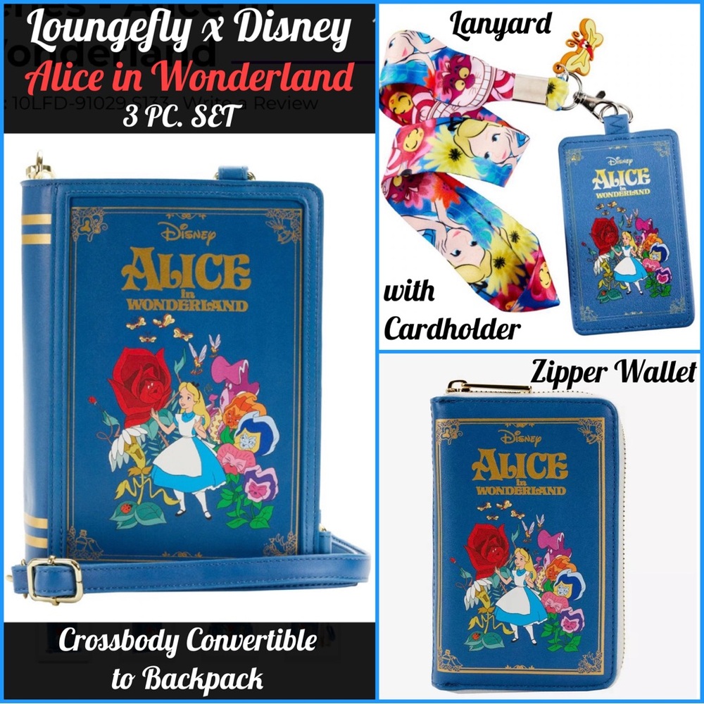 LOUNGEFLY DISNEY ALICE IN WONDERLAND Book CONVERTIBLE BAG BACKPACK WALLET + SET!